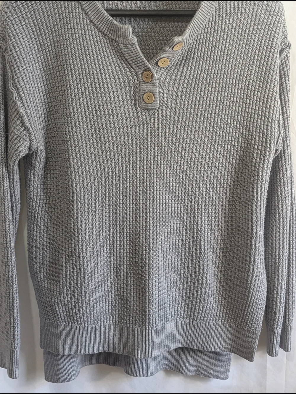 ZESICA Gray Waffle Knit Henley Sweater High Low Hem Side Slit Women's Small